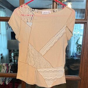 Willow + Root Womens Cream Ribbed Lace Patchwork Short Sleeve Top Small Boho